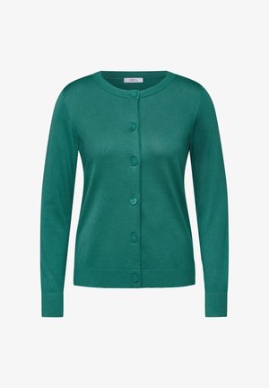 Grüner Strickcardigan mit rundem Ausschnitt, vorderer Knopfleiste, langen Ärmeln und gerippten Bündchen. Glatte Textur und einfaches Design.
