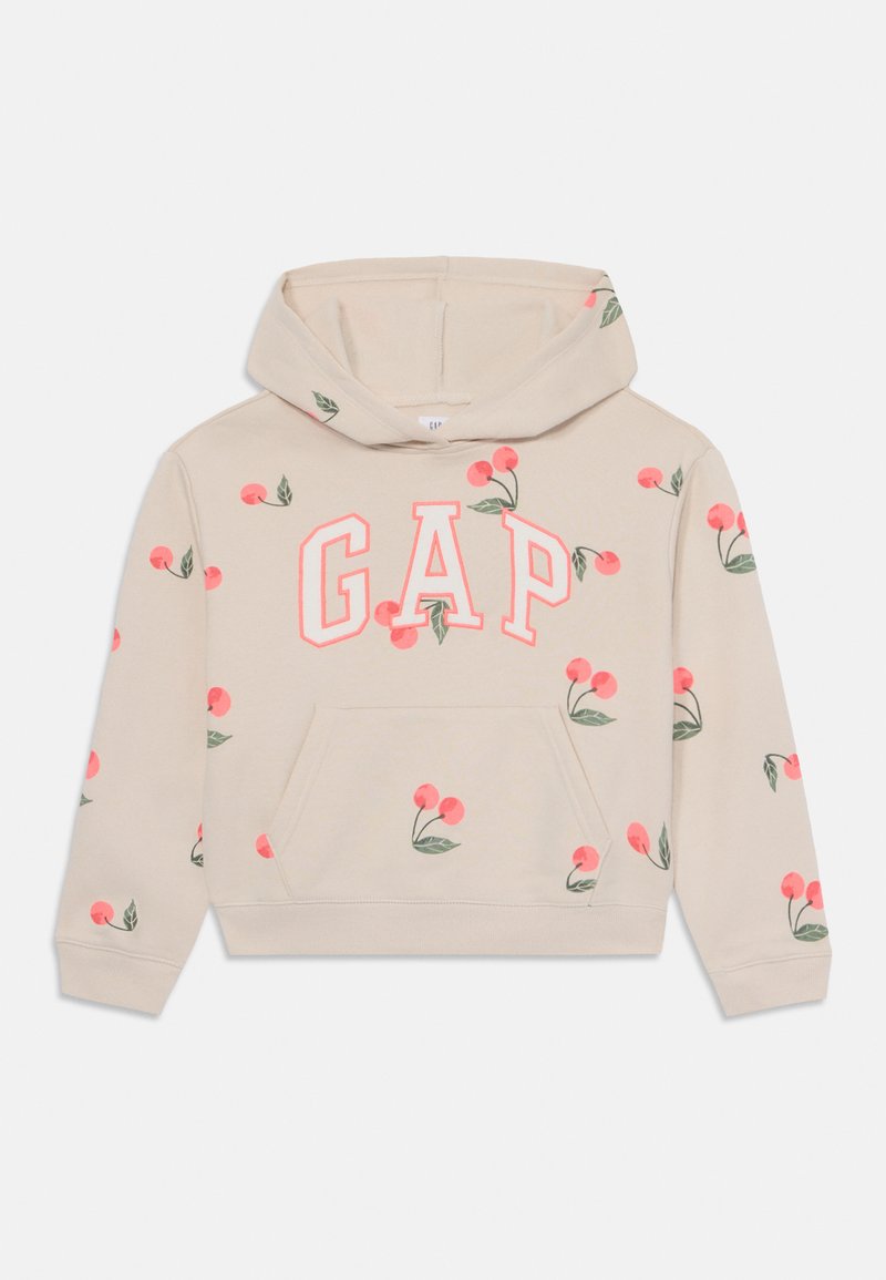Sweatshirt bege com um bolso frontal, apresentando um grande logotipo "GAP" e padrões de cerejas rosas com folhas verdes espalhadas.