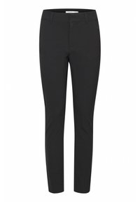 Black trousers made of smooth, stretchy fabric. Slim fit with a flat waistband, zip fly, and side pockets. Subtle stitching detail.