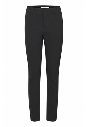 Schwarze Hose aus glattem, elastischem Stoff. Slim Fit mit flachem Bund, Reißverschluss und seitlichen Taschen. Subtile Nähdetails.