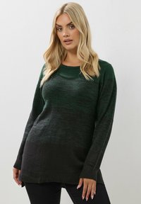 Tumma vihreä ja musta sävytetty neulepaita, jossa on pitkät hihat, pyöreä kaula-aukko ja ribbaus helmassa. Sisältää sivuaukot liikkumismahdollisuuden helpottamiseksi.