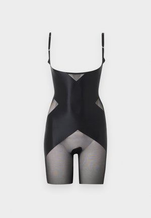 Schwarzer Shapewear-Body mit verstellbaren Schulterträgern, mit blickdichten und transparenten Mesh-Einsätzen am Oberkörper und an den Oberschenkeln.