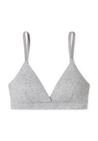 Šedá trojúhelníková braletka s tenkými popruhy, vyrobená z měkké žebrované tkaniny. Disponuje bezešvým designem a pohodlným elastickým pásem.