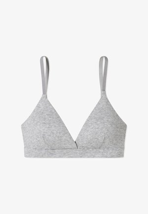 Grijze driehoekige bralette met dunne bandjes, gemaakt van zachte ribgebreide stof. Heeft een naadloos ontwerp en een comfortabele elastische band.