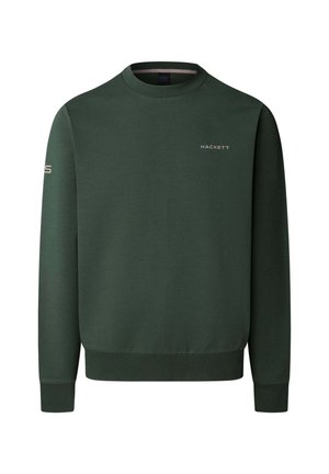 Sweat-shirt vert foncé en mélange de coton, avec un col rond et des poignets côtelés. Logo "HACKETT" imprimé sur la poitrine en couleur claire.