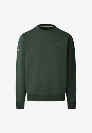 Sudadera de color verde oscuro hecha de mezcla de algodón, con cuello redondo y puños acanalados. Logo "HACKETT" impreso en el pecho en un color claro.