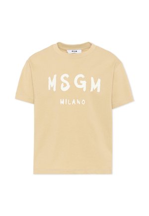 T-shirt beige a maniche corte con scritte bianche "MSGM" e "MILANO" stampate sul davanti.