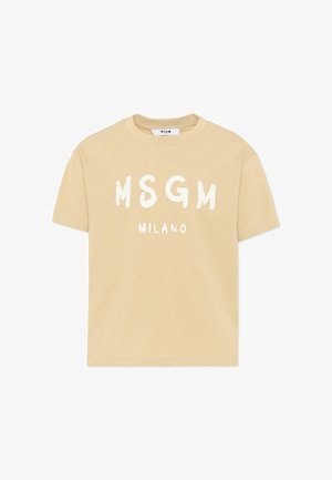 T-shirt beige à manches courtes avec les inscriptions "MSGM" et "MILANO" en blanc imprimées sur le devant.