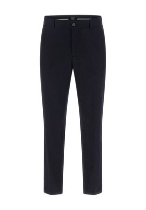 Zwarte op maat gemaakte herenbroek met knoop- en ritssluiting, ceintuurlussen en een slanke pasvorm.