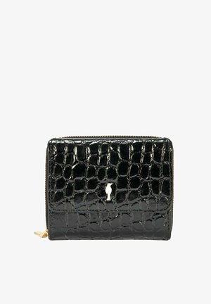 Czarny portfel wytłaczany w krokodyla z połyskującym wykończeniem, z złotym zamkiem błyskawicznym i akcentem logo z przodu. Kompaktowy, prostokątny kształt.
