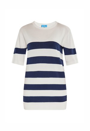 Top cu mânecă scurtă, în dungi, având dungi orizontale alternante de culoare albastru marin și alb, textură tricotată moale și guler rotund.