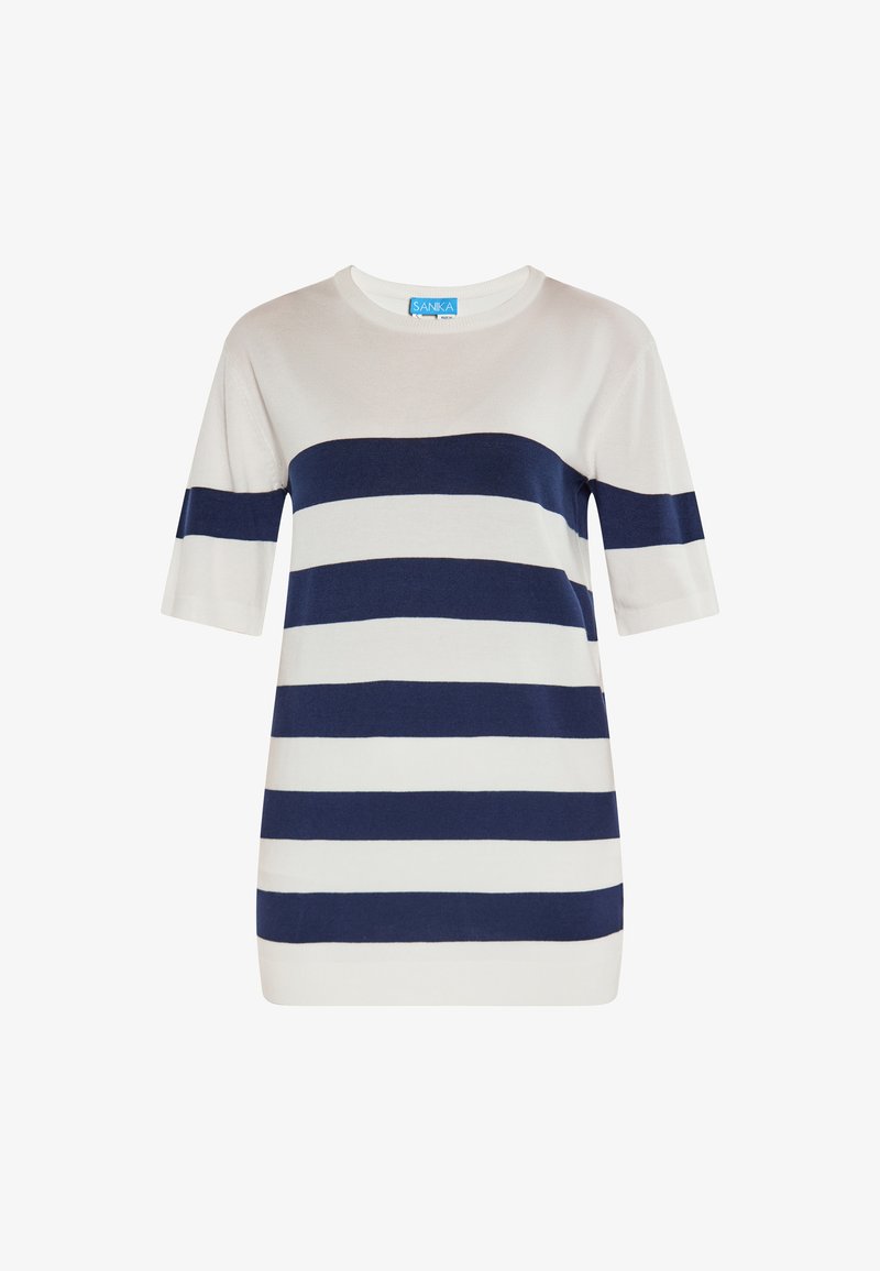 Stribet kortærmet top med vekslende marineblå og hvide vandrette striber, blød strikstruktur og rund halsudskæring.