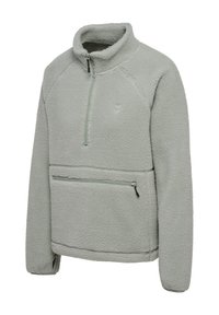 Lichtgrijze fleece pullover met een hoge kraag, half-rits aan de voorkant en een ritszak aan de onderkant van de voorkant. Gelaagd, zacht stof.