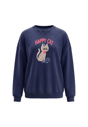 Navyblå sweatshirt med en smilende tegneserie-kat iført butterfly og hat, en garnnøgle og ordene "HAPPY CAT" i pink ovenover.