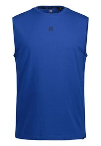 Blauw mouwloos katoenen topje met ronde halslijn, voorzien van een klein zwart logo aan de voorkant. Zachte textuur en recht gesneden ontwerp.