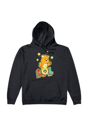 Czarna bluza z kapturem z rysunkowym niedźwiedziem o zabawnym wyrazie twarzy, otoczonym gwiazdami i napisem "LOL" w kolorowej, wyrazistej czcionce.