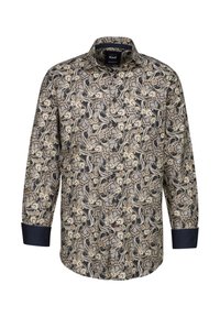 Camicia a maniche lunghe di colore blu scuro con un intricato motivo paisley in crema e oro. Presenta colletto, chiusura con bottoni e polsini a contrasto.