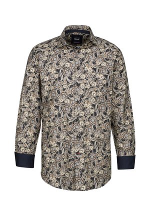 Langärmliges Hemd in Dunkelblau mit einem komplizierten Paisleymuster in Creme und Gold. Verfügt über einen Kragen, eine Knopfleiste und kontrastierende Manschetten.