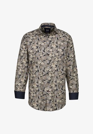 Camicia a maniche lunghe di colore blu scuro con un intricato motivo paisley in crema e oro. Presenta colletto, chiusura con bottoni e polsini a contrasto.