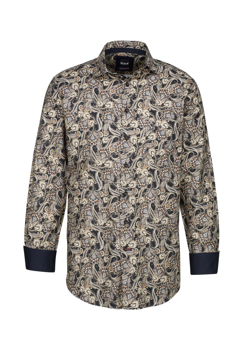Camicia a maniche lunghe di colore blu scuro con un intricato motivo paisley in crema e oro. Presenta colletto, chiusura con bottoni e polsini a contrasto.