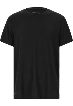 Svart kortärmad t-shirt i lätt tyg. Har rund halslinning, rak skärning och en liten gul "ENDURANCE"-logotyp på fållen.
