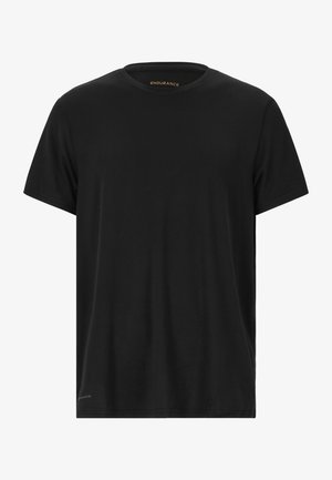 T-shirt noir à manches courtes en tissu léger. Présente un col rond, une coupe droite et un petit logo doré "ENDURANCE" sur l'ourlet.