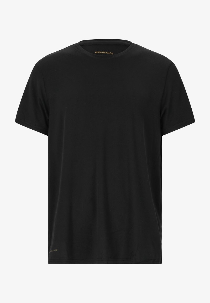 Zwarte korte mouwen t-shirt gemaakt van lichte stof. Heeft een ronde halslijn, rechte snit en een klein gouden "ENDURANCE" logo aan de zoom.