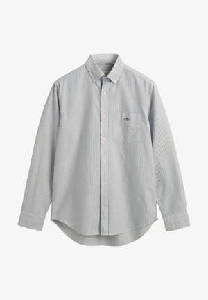 Camicia button-up a maniche lunghe a righe in cotone blu e bianco. Colletto classico, taschino sul lato sinistro del petto, orlo arrotondato e polsini con bottoni.