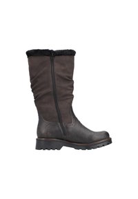 Botas marrones hasta la rodilla, hechas de ante y cuero, con un upper de pelo sintético negro, cremallera lateral y suela de goma texturizada para mayor tracción.