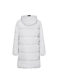 Giubbotto bianco imbottito con cappuccio, caratterizzato da un design trapuntato, maniche lunghe e polsini a coste. Texture liscia, lunghezza fino al ginocchio.