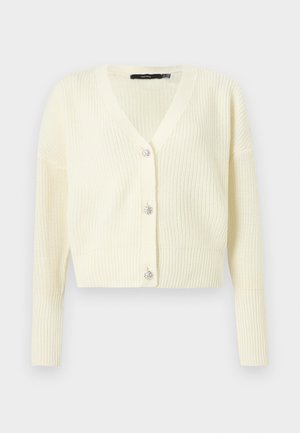 Cremefarbene gerippte Strickjacke mit langen Ärmeln, V-Ausschnitt und drei dekorativen silbernen Knöpfen vorne.