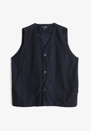Gilet en coton marine avec un col en V, trois boutons sur le devant et deux poches latérales ; texture lisse et design décontracté sans manches.