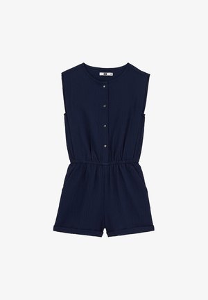 Bezroku tumši zila teksturēta kombinezona arapaļa kakla izgriezums, priekšējās sprādzes, elastīgs viduklis un uzlocītas biksītes.