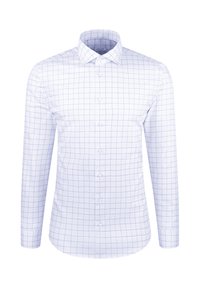 Camicia bianca a maniche lunghe con un motivo a reticolo blu chiaro, polsini con un bottone e colletto classico. Realizzata in tessuto liscio e intrecciato.