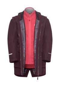 Parka imperméable de couleur bordeaux foncé, équipé d'une doublure intérieure en polaire rose amovible, d'une fermeture éclair, de poignets ajustables et d'accents réfléchissants.