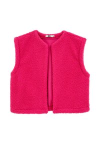 Rosa fleece ärmlös väst med rundad halsringning, öppen front och strukturerad yta. Inga synliga stängningar eller detaljer.