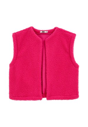 Gilet sans manches en polaire rose avec un col rond, une ouverture à l'avant et une surface texturée. Aucun bouton ou accent visible.