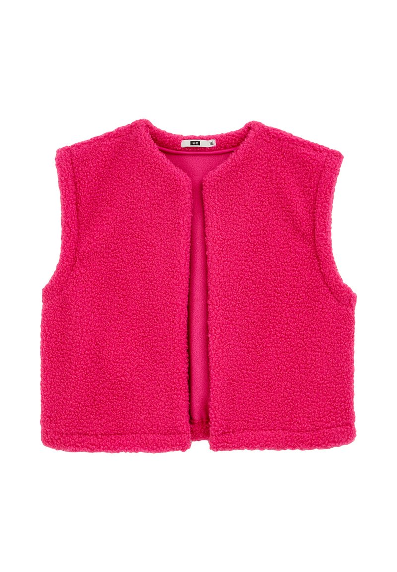Rosa fleece ärmlös väst med rundad halsringning, öppen front och strukturerad yta. Inga synliga stängningar eller detaljer.