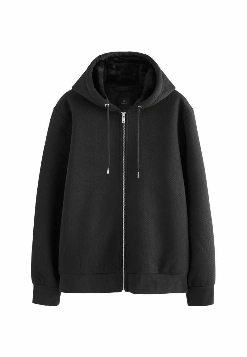 Sort lynlås hoodie med en tekstureret overflade, blød foring, justerbare snore og ribbede manchetter og kant. Har en glat lynlåslukning.