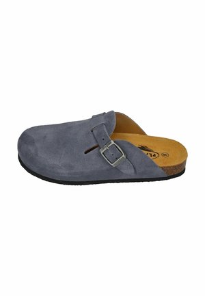 Gray suede clog with open back, adjustable silver buckle, cork footbed, and textured black rubber sole. Flat design with a rounded toe.