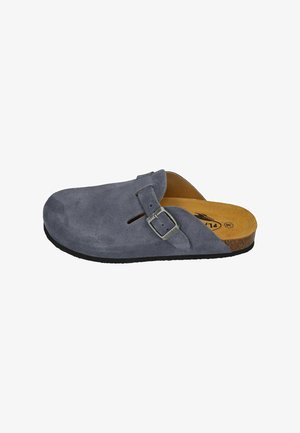 Gray suede clog with open back, adjustable silver buckle, cork footbed, and textured black rubber sole. Flat design with a rounded toe.