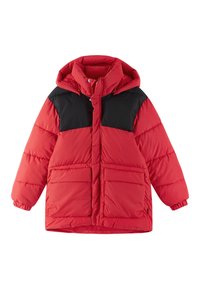 Giacca imbottita rossa con pannello spalle nero, dotata di cappuccio, chiusura frontale con zip e due tasche frontali. Tessuto liscio, design trapuntato.