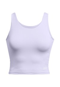 Top corto lilla realizzato in tessuto elastico, dotato di scollatura rotonda, spalline larghe e un piccolo logo bianco sul lato inferiore destro.