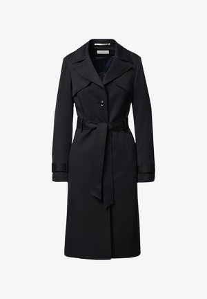Czarny płaszcz trencz do kolan z szerokimi klapami, pojedynczym zapięciem na guzik, paskiem w talii i paskami na mankietach.