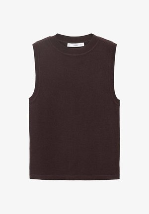 Ärmelloser Pullover in Dunkelbraun, aus weichem, strukturiertem Stoff. Verfügt über einen runden Halsausschnitt und gerippte Kanten an den Armausschnitten und dem Saum.