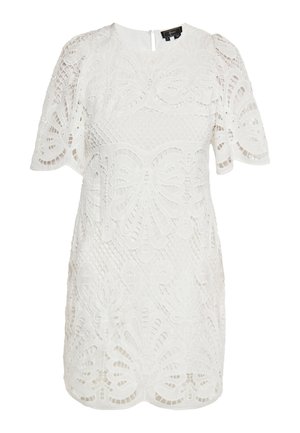 Rochie albă cu un design delicat din dantelă, având motive cu fluturi, mâneci scurte tip puff și guler rotund. Detalii cu închidere prin fermoar la spate.