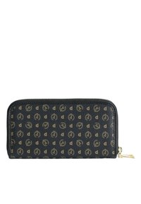 Portafoglio nero con un design a motivo e piccoli loghi dorati. Chiusura con zip e hardware dorato, con esterno texturizzato.