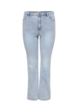 Lyseblå høytlivde denimjeans med frontlommer, knapp- og glidelåslukking, og lett utsvungne ben.