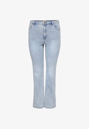 Lyseblå høytlivde denimjeans med frontlommer, knapp- og glidelåslukking, og lett utsvungne ben.