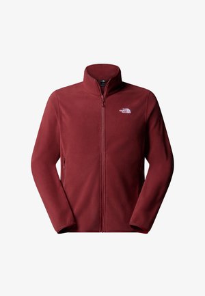 Červená fleecová bunda s vysokým límcem, předním zipem a dvěma bočními kapsami. Na levé části hrudi se nachází malé bílé logo. Hladká textura.